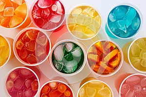 Top-down view of colorful iced drinks in various flavors