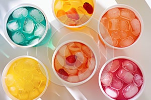 Top-down view of colorful iced drinks in various flavors