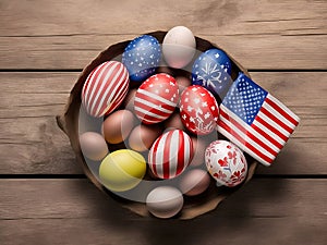 Top view of colorful patriotic easter eggs in basket on wooden table with flag USA. Generative AI