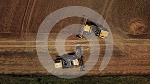 Top down view of combine harvesters Agricultural machinery. The machine for harvesting grain crops.