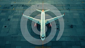 Top down view on commercial airplane docking in terminal in the parking lot of the airport apron, waiting for services