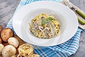 Top down view of Creamy Mushroom Fettucini Alfredo pasta photo