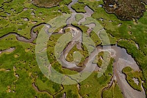 Top down view of the creeks and pools and rivers of the Carrowmore Lacken saltmarsh in northern County Mayo