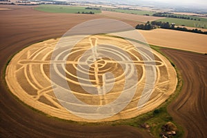 top-down view of crop circles resembling ancient symbols
