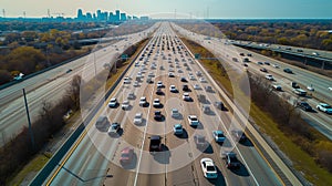 Top down view of crowded motorway lanes