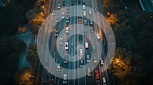 Top down view of crowded motorway lanes