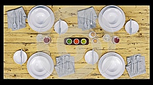 Top down view of a dinner table isolated on black, mock-up, 3d rendering