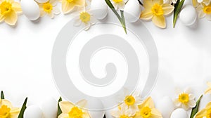 Top down view of an Easter border frame of daffodils and white eggs