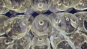 Top down view of empty champagne glasses in a row. Empty wine glasses ready to serve