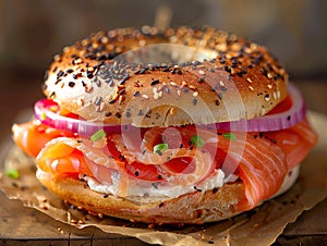 Top down view of Everything bagels with salmon lox, cream cheese and garnished with capers and sprouts. Delicious bagel