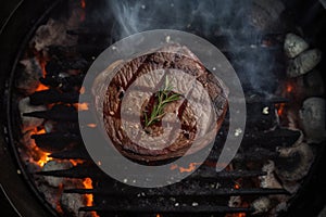 top down view of a filet steak on a woodfire grill