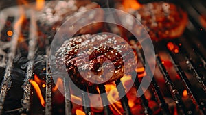 Top-down view of flaming grill with three juicy burger patties sizzling on the hot grates photo