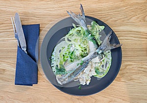 Top down view on the fresh fish meal plate plate