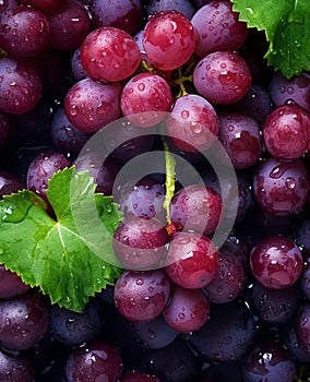 Top down view of fresh red grapes with drops of water