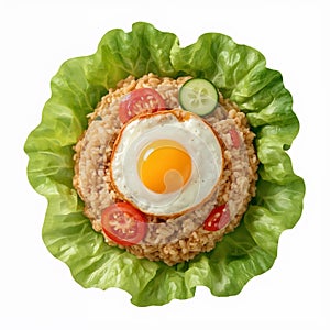 Top down view of fried egg on rice with lettuce tomato and cucumber image