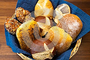 Top-Down View of German Bread Basket Laden with Swabian Specialties and Baked Goods