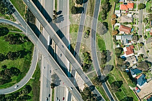 Top down view of highway interchange.
