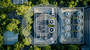 Top-Down View of Industrial HVAC System Amongst Greenery. An aerial top-down view of an industrial HVAC system with large fans and
