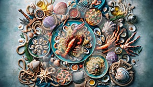 A top-down view of an Italian seafood festival, featuring grilled octopus, seafood risotto, linguine with clam sauce