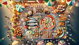 Top-down view of an Italian summer festival, featuring street food like grilled sardines, pizza al taglio, arancini photo