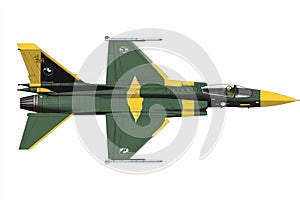 A topdown view of a JF17 Thunder fighter jet showcasing its sleek design and distinctive green and yellow camouflage The photo
