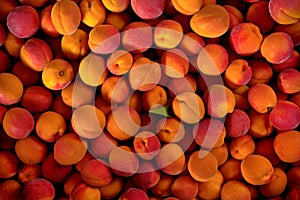 Top down view, large group of apricots, with one small green leaf in middle, view from above