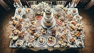 Top-down view of a lavish Italian wedding banquet table, featuring a seafood tower, risotto, meats, cheeses, and wedding