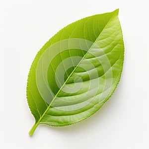 top down view of lemon leaf laid horizontally, white background, Generative AI