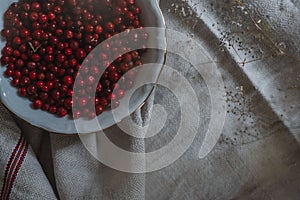 top down view on lingonberries in a bowl on linen tablecloth and some fragile flowers, inside,