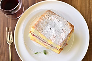 top-down view of a monte cristo sandwich on a table photo