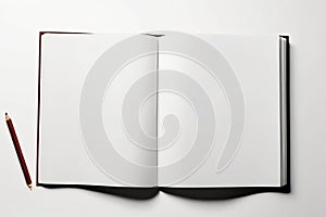 Top-Down View of Open Book with Blank Page and Pen on Flat Background.