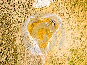 Top down view orange heart shape form on mud volcanoes site in chachuna nature reserve, VAshlovani national park, Georgia