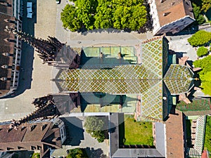 Top down view over Basel Minster - the famous cathedral in the city of Basel Switzerland