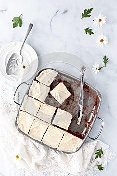 Top down view of a pan of red velvet brownies with cream cheese frosting, cut into squares and copy space above.