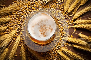 a top-down view of a pilsner in a glass surrounded by barley