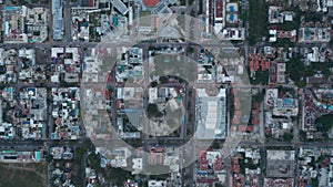 Top down view of Playa del Carmen, Mexico. Holiday resort city on the shoreline of Caribbean Sea. Aerial Birds Eye