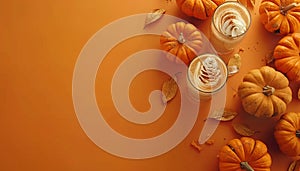 A top-down view of pumpkins and lattes on an orange backdrop, with space for text