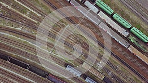 Top down view on rail cargo transportation. Freight wagons from above. Bataysk. Russia. 09 2019.