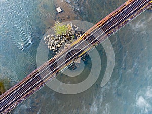 Top down view of railroad trestle over Catawba River in South Carolina, USA