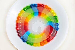 Top down view of rainbow skittles candy on white plate with tie die circle