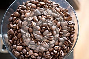 Top down view of roasted coffee beans in a modern coffee grinder