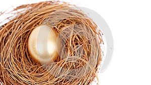 Top down view of shiny golden egg on straw nest