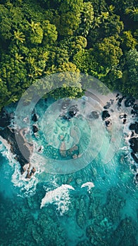 A top-down view showcasing a body of water with waves and trees lining the shore