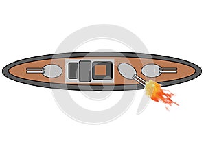 Top down view of a simple outline shape of a battleship destroyer firing one of its onboard cannon guns light white backdrop