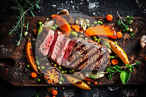 Top down view of sliced steak ribeye, grilled with spices served on cutting board with vegetables. Generative AI