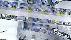 Top down view of solar panel factory with industrial robot arm, 3D illustration