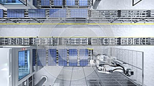 Top down view of solar panels on production line, 3D illustration