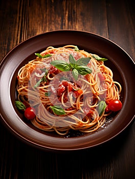 top down view of spaghetti serviced in a bowl, on a wooden table