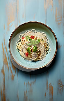 top down view of spaghetti serviced in a bowl, on a wooden table