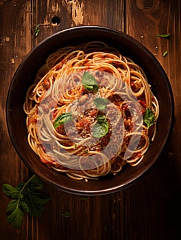 top down view of spaghetti serviced in a bowl, on a wooden table